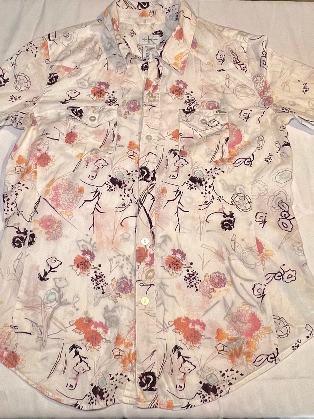 Vintage Calvin Klein Y2K Floral Button Shirt M 100% Cotton Hong Kong Western